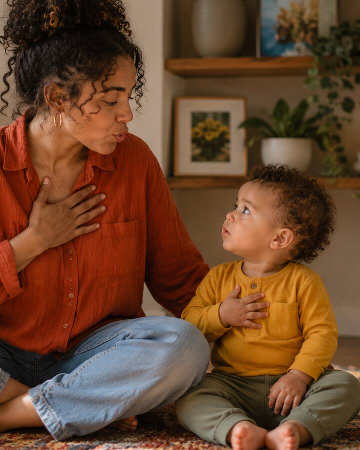 A mother in a rust shirt sits cross-legged on a patterned rug with a hand on her chest, breathing slowly, as her toddler in yellow mirrors her with a hand on his own chest.