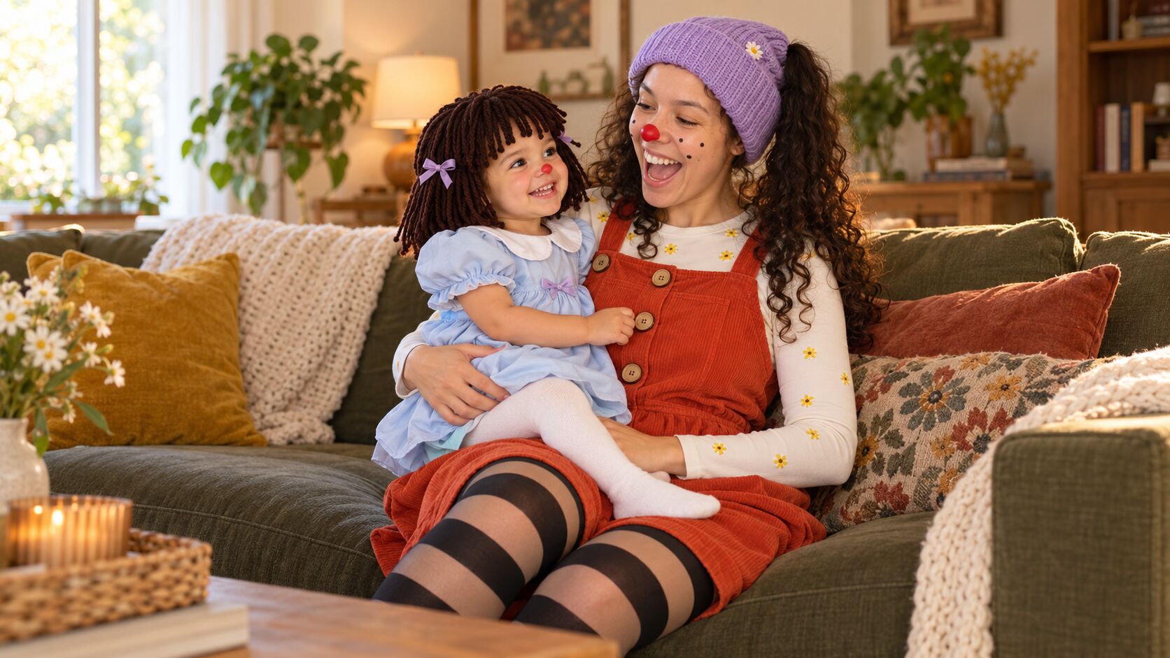 A laughing mother in a lavender knit beanie, red clown nose and freckles, rust corduroy pinafore and striped tights holds her toddler daughter on a green sofa, the little girl in a yarn-doll wig with lilac bows, a pale blue puff-sleeved dress and a matching red nose.