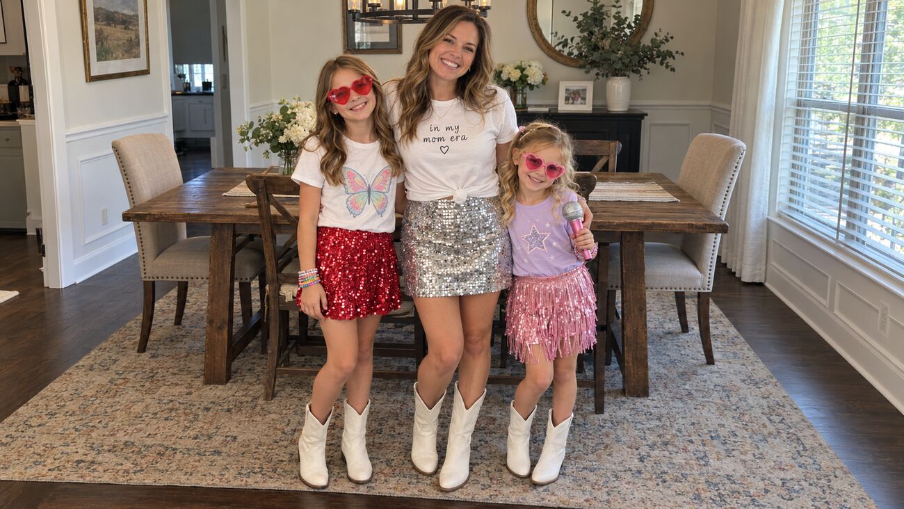 A mother and her two daughters pose in a dining room in Eras-inspired looks: Mom in an &ldquo;in my mom era&rdquo; tee and a silver sequin skirt, the older girl in a butterfly tee and red sequin skirt with heart sunglasses and friendship bracelets, the younger in a lilac star tee and pink fringe skirt holding a sparkly microphone, all three in white cowboy boots.