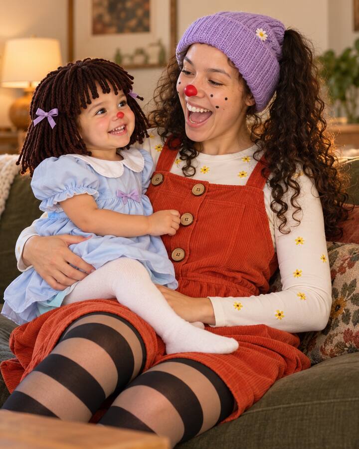 A laughing mother in a lavender knit beanie, red clown nose and freckles, rust corduroy pinafore and striped tights holds her toddler daughter on a green sofa, the little girl in a yarn-doll wig with lilac bows, a pale blue puff-sleeved dress and a matching red nose.
