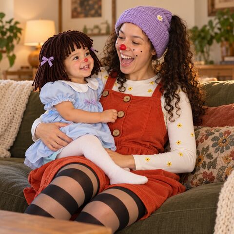 A laughing mother in a lavender knit beanie, red clown nose and freckles, rust corduroy pinafore and striped tights holds her toddler daughter on a green sofa, the little girl in a yarn-doll wig with lilac bows, a pale blue puff-sleeved dress and a matching red nose.