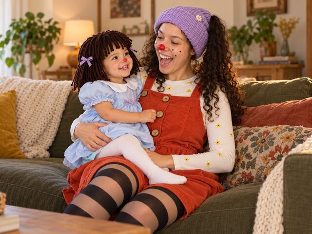 A laughing mother in a lavender knit beanie, red clown nose and freckles, rust corduroy pinafore and striped tights holds her toddler daughter on a green sofa, the little girl in a yarn-doll wig with lilac bows, a pale blue puff-sleeved dress and a matching red nose.