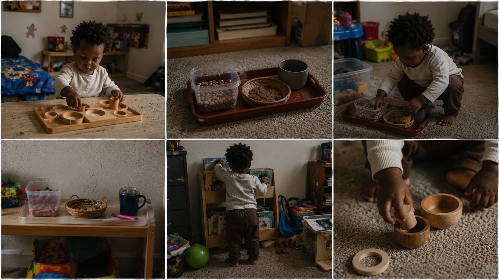 A toddler in a cream sweater works independently with simple wooden materials and trays on the floor and a low table in a lived-in home.