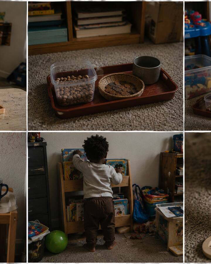 A toddler in a cream sweater works independently with simple wooden materials and trays in a lived-in home.