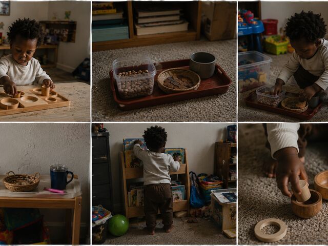 A toddler works independently with simple wooden materials and trays in a lived-in home.