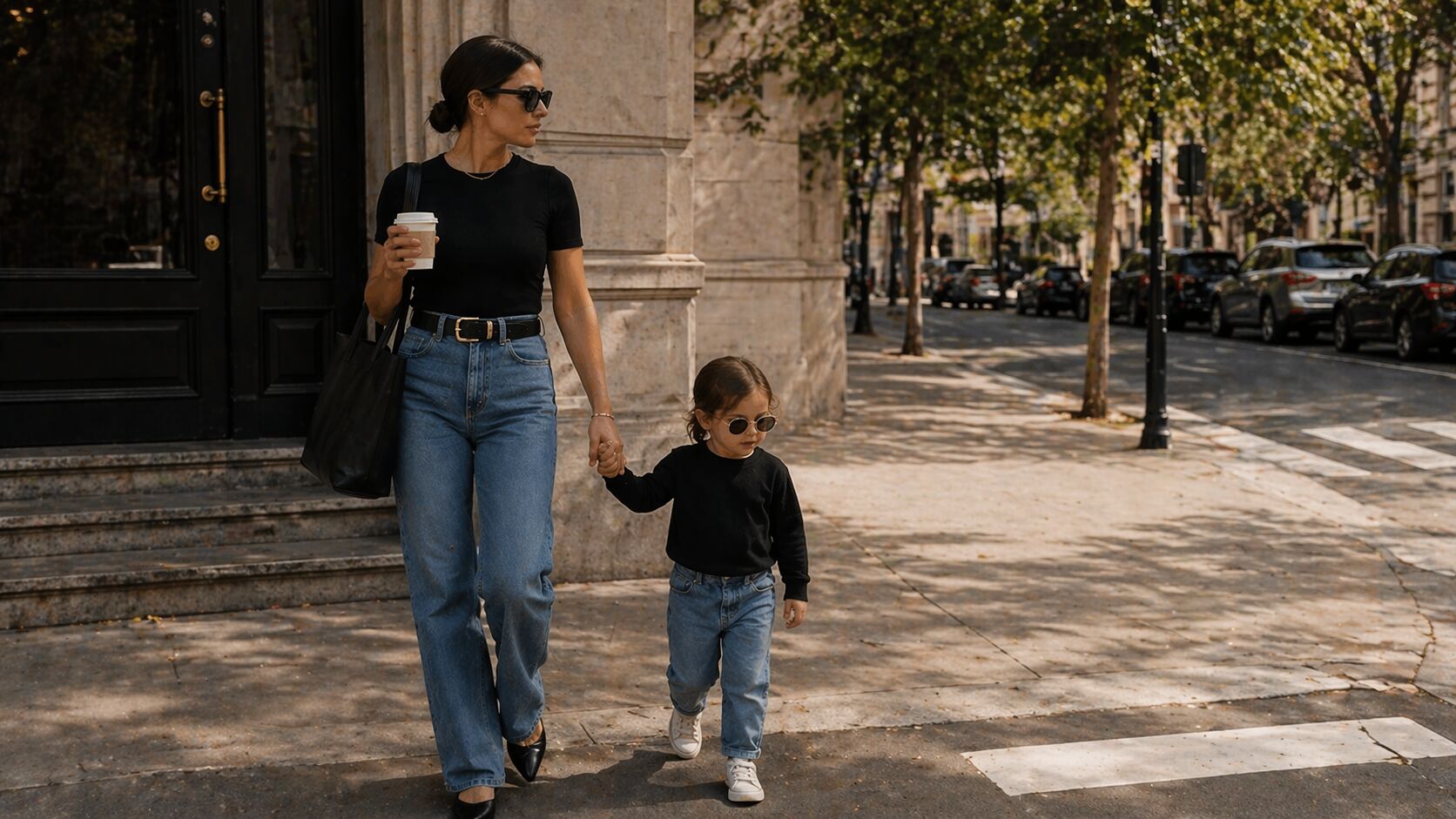 A mother in a black tee, jeans, and a tote walks hand-in-hand down a tree-lined street with her toddler, both in coordinated neutrals.