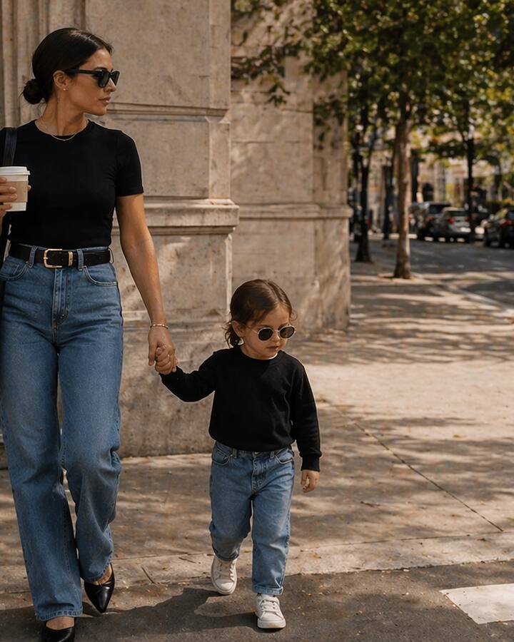A mother in a black tee, jeans, and a tote walks hand-in-hand down a tree-lined street with her toddler, both in coordinated neutrals.