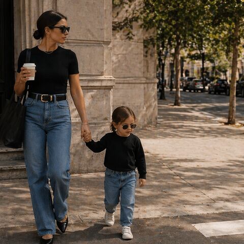 A mother and toddler walking a tree-lined street in coordinated neutral street style.