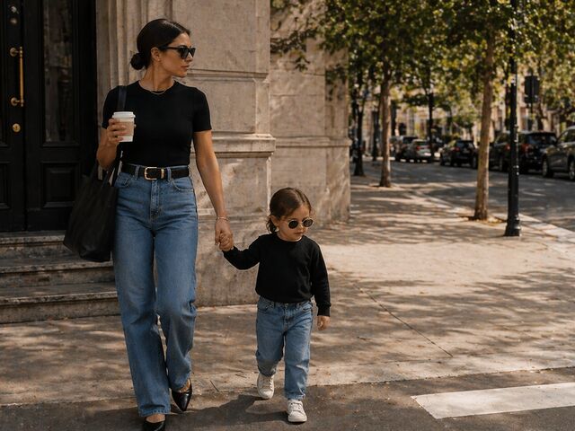 A mother and toddler walking a tree-lined street in coordinated neutral street style.