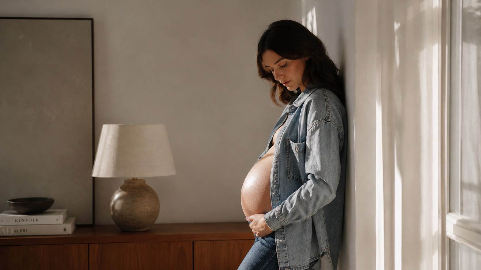 An expectant mother in an open denim shirt leans against a sunlit wall in a calm, neutral-toned room, one hand resting beneath her belly.
