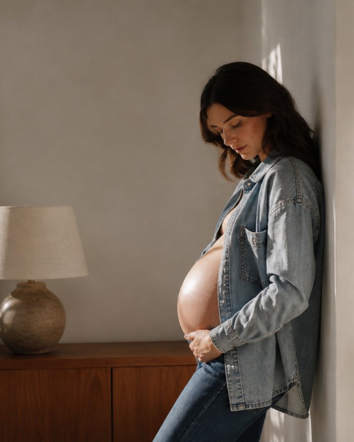 An expectant mother in an open denim shirt leans against a sunlit wall in a calm, neutral-toned room, one hand resting beneath her belly.