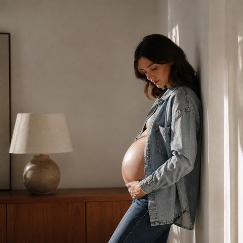 An expectant mother in an open denim shirt leans against a sunlit wall in a calm, neutral-toned room, one hand resting beneath her belly.