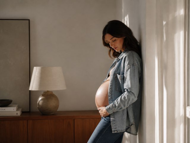 An expectant mother in an open denim shirt leans against a sunlit wall in a calm, neutral-toned room, one hand resting beneath her belly