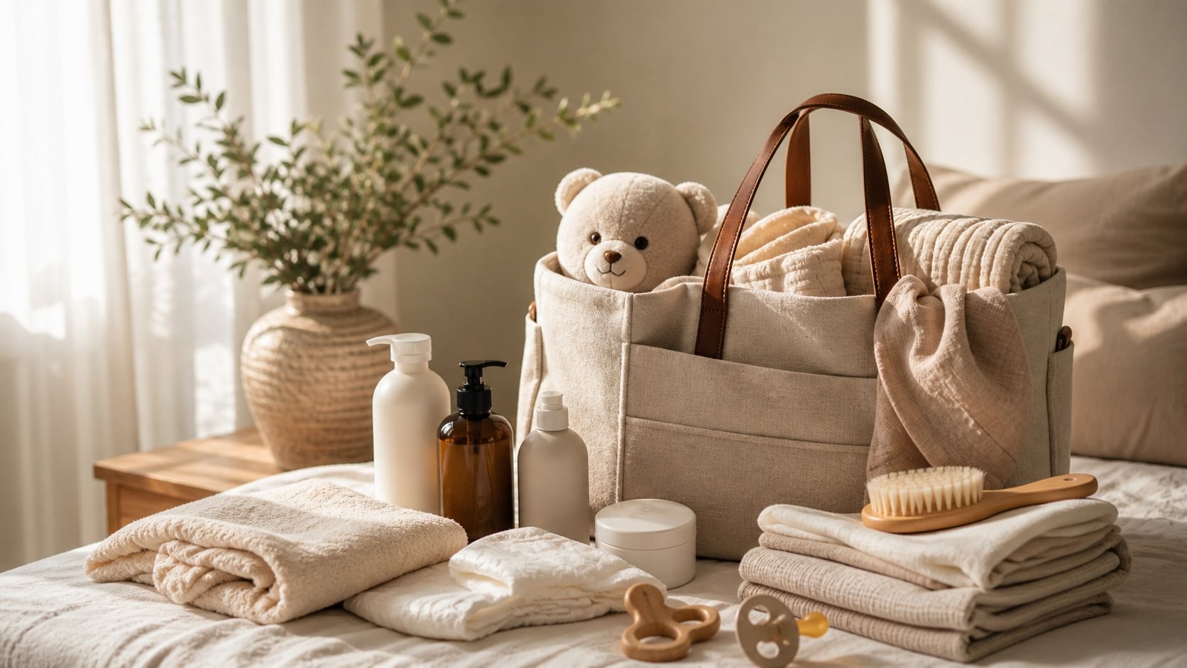 A serene postpartum still life with linen and a baby blanket.