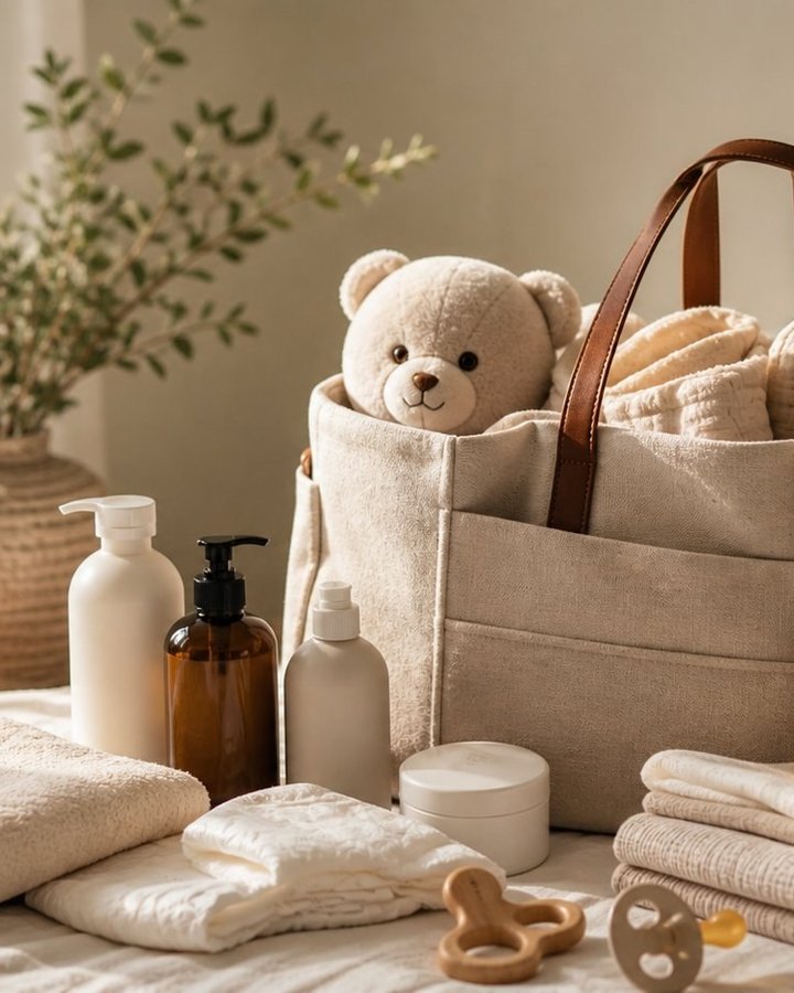 A neutral-toned bedroom scene with a postpartum essentials kit: linen tote with teddy bear, towels, lotions, herbal sitz mix, wooden brush, and pacifier in soft morning light