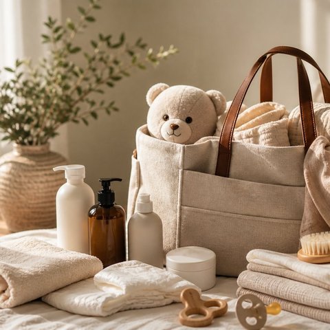 A neutral-toned bedroom scene with a postpartum essentials kit in soft morning light