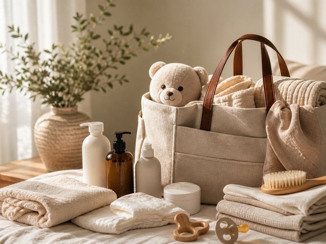 A neutral-toned bedroom scene with postpartum essentials.