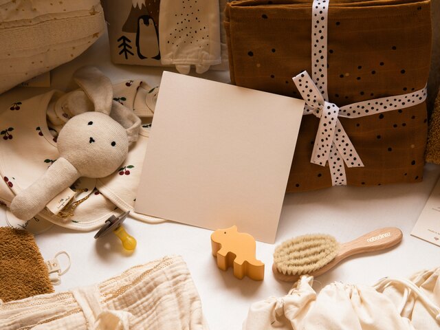 A neutral-toned flat-lay of baby items — a cream knit bunny rattle, a cherry-print onesie, a wooden brush, muslin wraps tied with polka-dot ribbon, and a blank cream card.