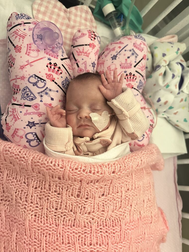A stronger, bigger Brooklyn sleeps peacefully wrapped in a soft pink knit blanket.