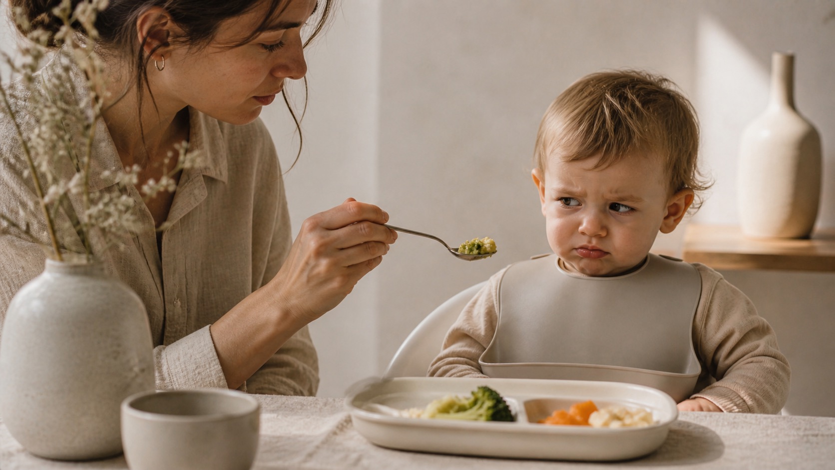 A mother offering a spoonful of food to a toddler in a high chair who is frowning and turning away