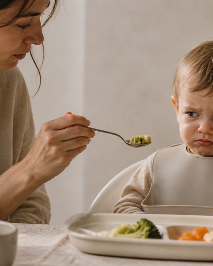 A mother offering a spoonful of food to a toddler in a high chair who is frowning and turning away