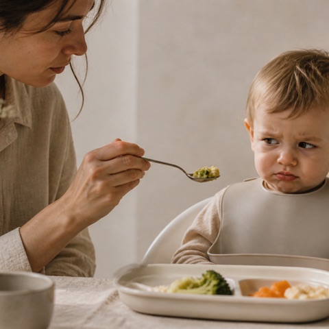 A mother offering a spoonful of food to a toddler in a high chair who is frowning and turning away