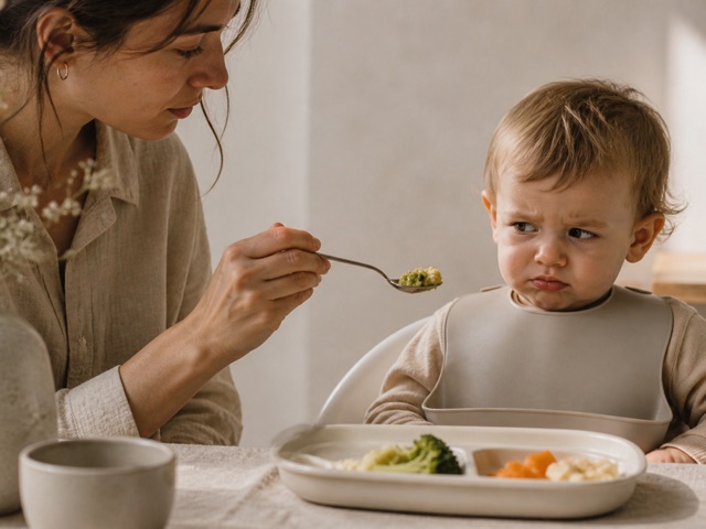 A mother offering a spoonful of food to a toddler in a high chair who is frowning and turning away.