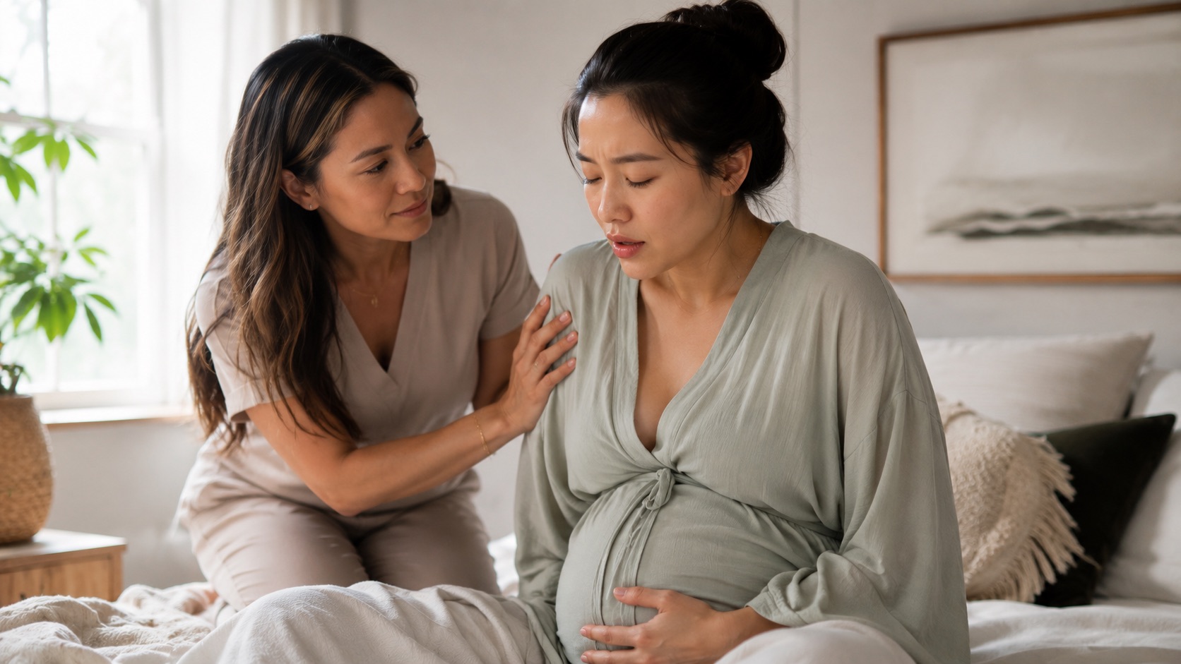 A doula resting a reassuring hand on the shoulder of a pregnant woman breathing through a contraction.