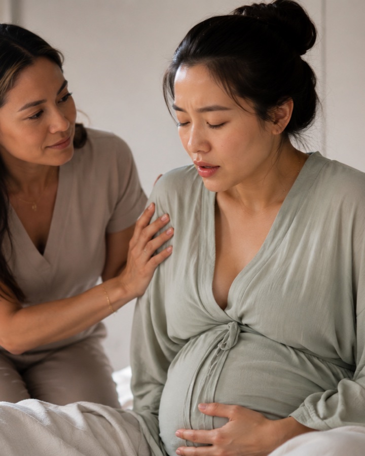 A doula resting a reassuring hand on the shoulder of a pregnant woman breathing through a contraction.