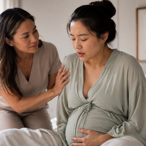 A doula resting a reassuring hand on the shoulder of a pregnant woman breathing through a contraction