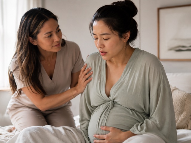 A doula resting a hand on a pregnant woman's shoulder.