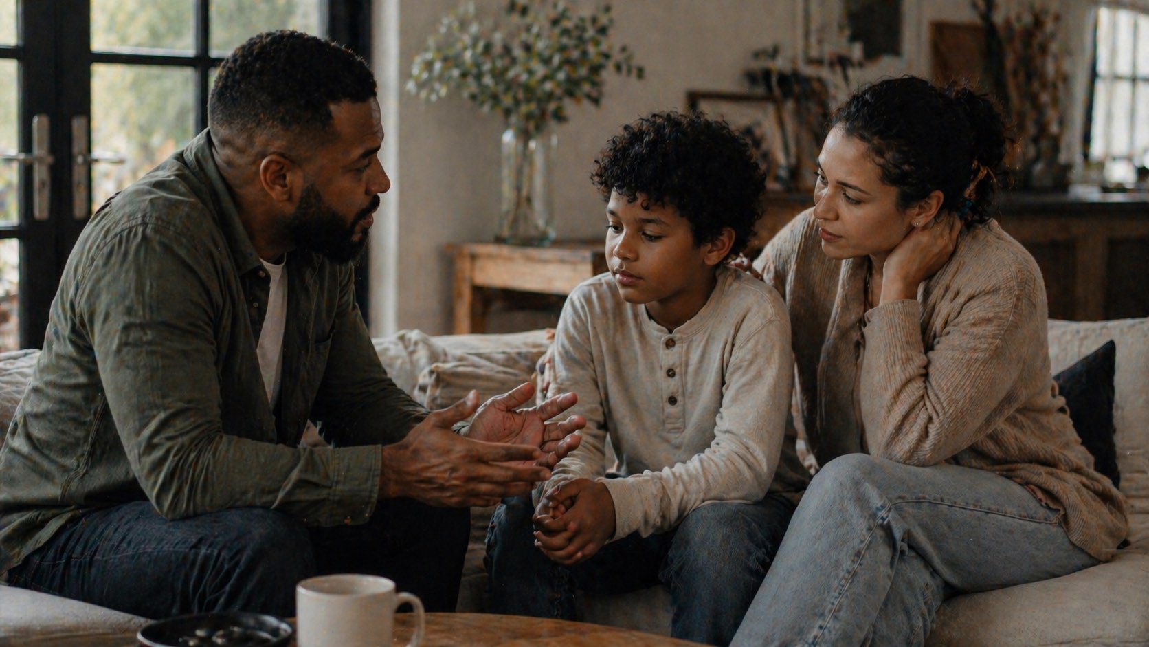 A father, mother, and young son sitting close together on a sofa in soft natural light, mid-conversation.