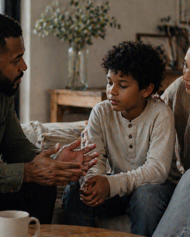 A father, mother, and young son sitting close together on a sofa in soft natural light, mid-conversation.