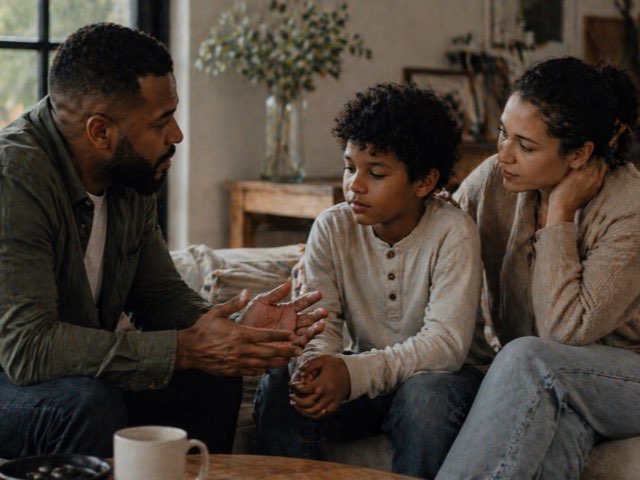 A father, mother, and young son in conversation on a sofa.