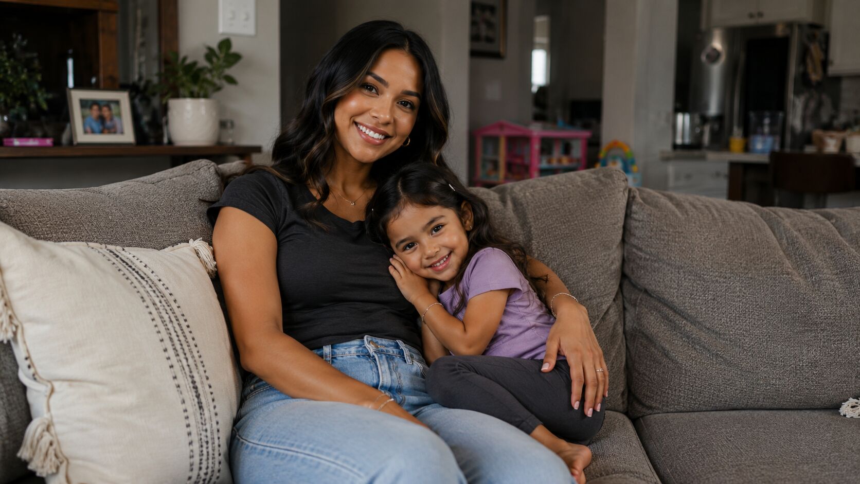 A mother and her young daughter sit close together on a grey sofa in a warm living room, both smiling at the camera.