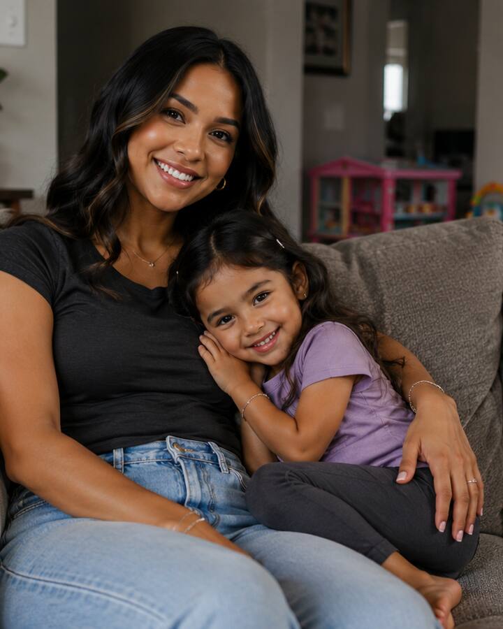 A mother and her young daughter sit close together on a grey sofa, both smiling.