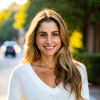 Headshot of Kerri J. Kolen, a Momé contributor, smiling in a white sweater on a tree-lined street.
