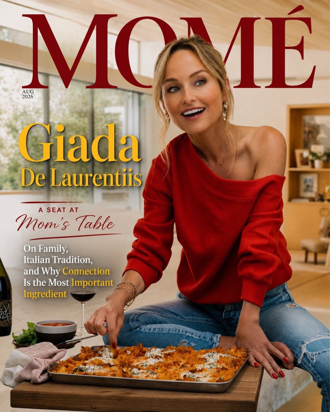 Momé August 2026 cover — Giada De Laurentiis in a red off-the-shoulder sweater and jeans, perched beside a tray of baked pasta, beneath the cover lines 'Giada De Laurentiis — A Seat at Mom's Table' and 'On Family, Italian Tradition, and Why Connection Is the Most Important Ingredient.'