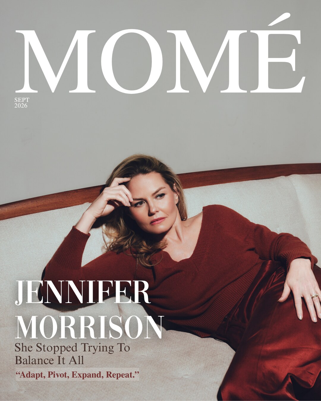 Momé September 2026 cover &mdash; Jennifer Morrison reclines on a cream sofa in a rust-red sweater and satin trousers, one hand at her temple, beneath the cover lines &lsquo;Jennifer Morrison&rsquo;, &lsquo;She Stopped Trying To Balance It All&rsquo; and &lsquo;Adapt, Pivot, Expand, Repeat.&rsquo;