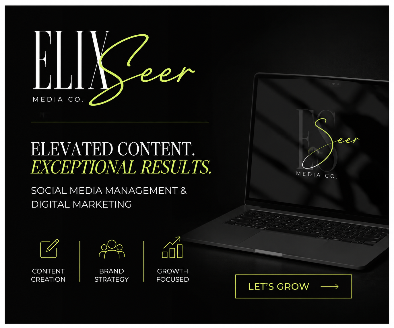ElixSeer Media Co. — Elevated content. Exceptional results. Social media management & digital marketing: content creation, brand strategy, growth focused. Let's grow.