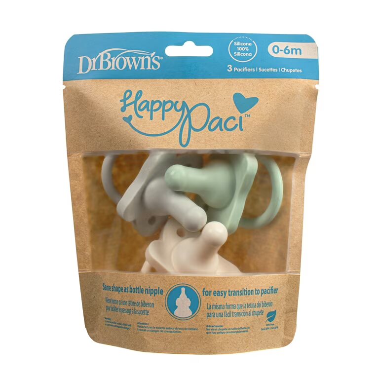 Dr. Brown's HappyPaci 3-pack of silicone pacifiers in a resealable pouch.