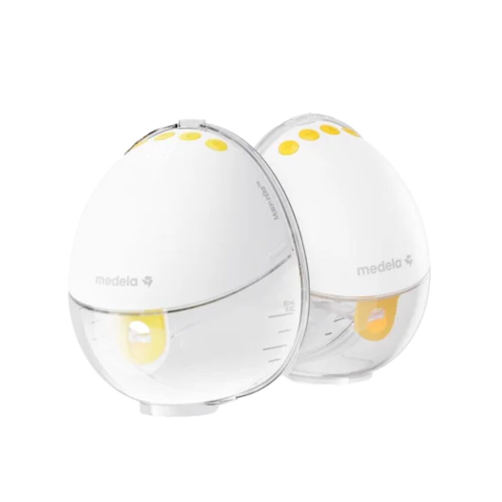 A pair of Medela in-bra wearable electric breast pumps in white with yellow accents, shown front and back.
