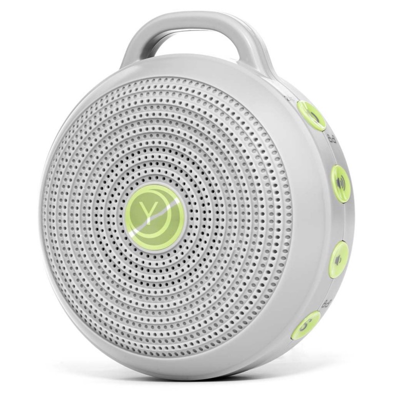 Yogasleep Hushh portable white noise sound machine in grey with green buttons and a clip-on loop.
